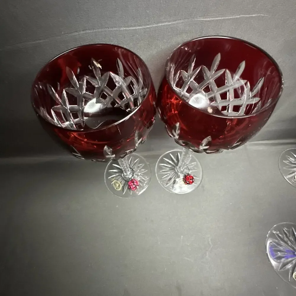 8 Ajka Crystal Cobalt Blue, Red,Green,Purple Cut-to-Clear Hock Wine Glass
